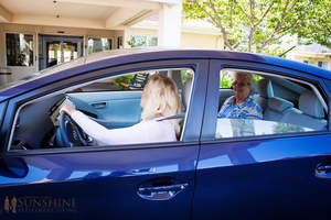 Margie Atkins, a resident of Sunshine Retirement Living's Quail Lodge Retirement Community in Antioch, Calif., enjoys her first Lyft ride, and the expanded independence the ridesharing service gives her.