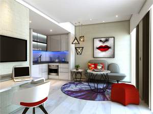 A rendering of a living room in Oakwood Studios Singapore