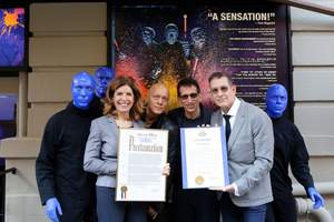 Julie Menin, NYC Mayor’s Office of Media and Entertainment with Blue Man Group Co-Founders Chris Wink, Matt Goldman and Phil Stanton