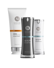 Nerium luxury skincare products: Firming Body Contour Cream (Left), Age-Defying Night Cream (middle), Age-Defying Day Cream (right)