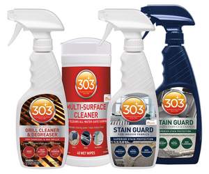 303 Products new line up, including 303 Stain Guard for Indoor Fabric, 303 Multi-Surface Wipes, 303 All-Purpose Grill Cleaner & Degreaser and 303 Stain Guard for Auto Fabrics & Carpets