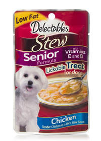 Delectables Stew Lickable Treats are available in four varieties including Chicken Senior Formula.