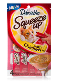 Delectables SqueezeUp, available in Chicken and Tuna flavors,  is a rich, thick puree in a lickable tube that provides cats with a fun and delicious treat.