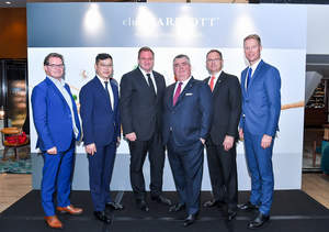 [Left to Right] Stephane Masse, General Manager, Le Meridien Hong Kong; Peter Sih, General Manager, Courtyard Marriott Shatin; Ralph Frehner, Vice President Food & Beverage Operations Asia Pacific; Hans Loontiens, Area General Manager Hong Kong; Michael Muller, General Manager, Hong Kong SkyCity Marriott Hotel; Jakob Helgen, Area Vice President of Hong Kong, Macau, Shenzhen and Hainan launches the new Club Marriott the largest culinary loyalty program in Hong Kong