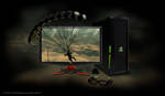 (JPG Format) Product photo of the 3D Vision 3D PC Acer Monitor. Shown here with NVIDIA 3D Vision glasses and emitter and an NVIDIA branded hard drive. Game screenshot from Just Cause 2. 