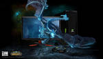 (JPG Format) Product photo of the 3D Vision 3D PC Acer Monitor. Shown here with NVIDIA 3D Vision glasses and emitter and an NVIDIA branded hard drive. Game screenshot from World of Warcraft.