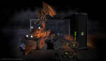(JPG Format) Product photo of the 3D Vision 3D PC Alienware Monitor. Shown here with NVIDIA 3D Vision glasses and emitter and an NVIDIA branded hard drive. Game screenshot from Metro 2033. 