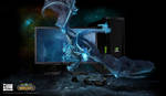 (JPG Format) Product photo of the 3D Vision 3D PC Alienware Monitor. Shown here with NVIDIA 3D Vision glasses and emitter and an NVIDIA branded hard drive. Game screenshot from World of Warcraft. 