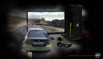 (JPG Format) Product photo of the 3D Vision 3D PC ASUS Monitor. Shown here with NVIDIA 3D Vision glasses and emitter and an NVIDIA branded hard drive. Game screenshot from Need for Speed. 