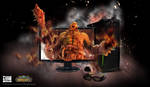 (JPG Format) Product photo of the 3D Vision 3D PC ASUS Monitor. Shown here with NVIDIA 3D Vision glasses and emitter and an NVIDIA branded hard drive. Game screenshot from World of Warcraft. 