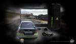 (JPG Format) Product photo of the 3D Vision 3D PC LG Monitor. Shown here with NVIDIA 3D Vision glasses and emitter and an NVIDIA branded hard drive. Game screenshot from Need for Speed.