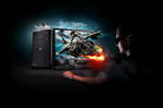 The image features a gaming enthusiast (a guy) playing a game on a 3D PC. The image on the screen of the monitor appears to be flying out of the screen toward the gamer and the viewer of the image. The gamer is wearing NVIDIA 3D Vision glasses and one of the focal points of the image is the flame that is blazing near the center of the canvas.