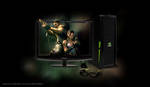 (JPG Format) Product photo of the 3D Vision 3D PC Samsung Monitor. Shown here with NVIDIA 3D Vision glasses and emitter and an NVIDIA branded hard drive. Game screenshot from Resident Evil 5. 