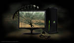 (JPG Format) Product photo of the 3D Vision 3D PC Viewsonic Monitor. Shown here with NVIDIA 3D Vision glasses and emitter and an NVIDIA branded hard drive. Game screenshot from Just Cause 2